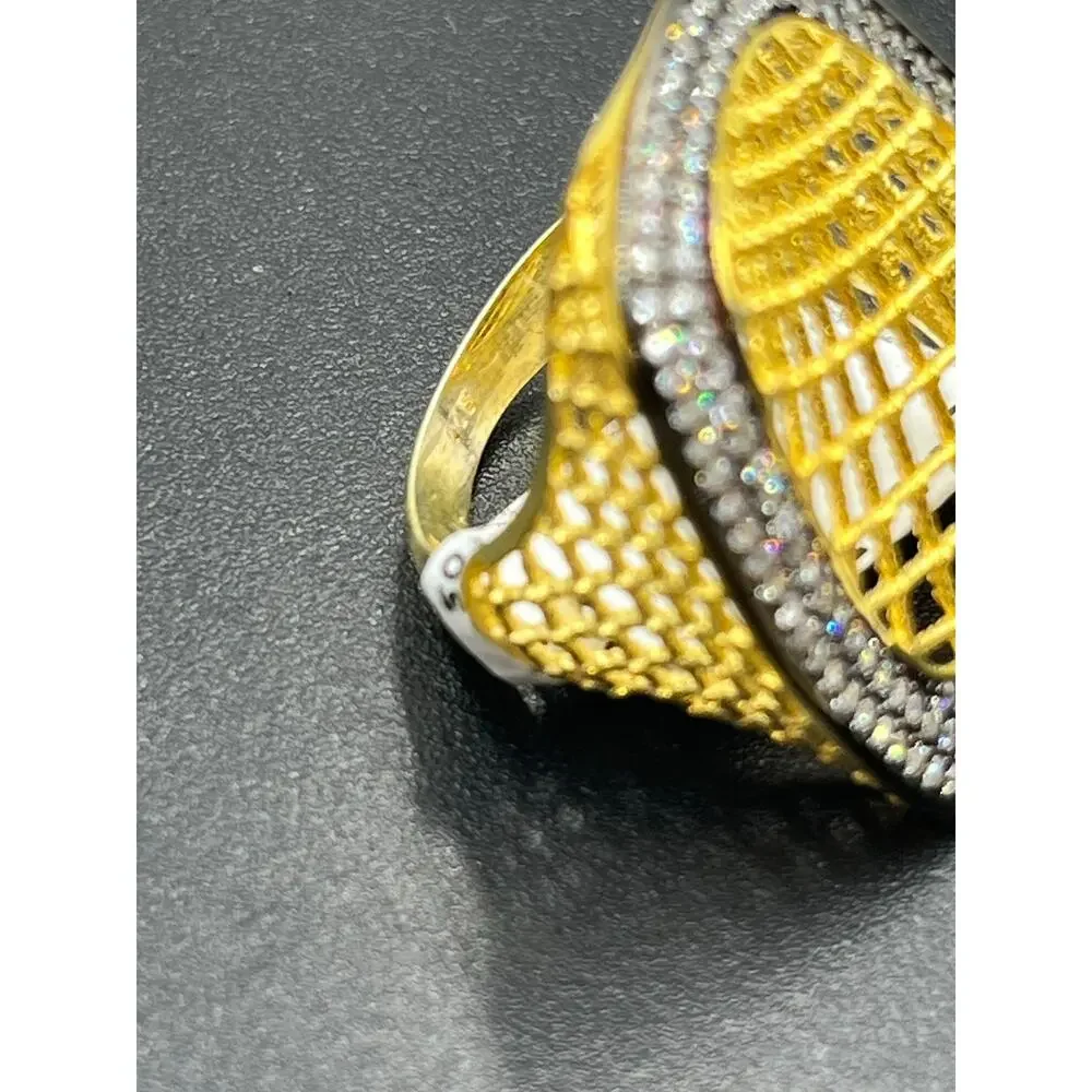 Sterling Silver Vermeil Signed‎ Spider Web Weave CZ Pave Ring Sz 7.5 New